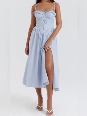 teia sky draped corset midi dress 'Teia' Sky Draped Corset Midi Dress